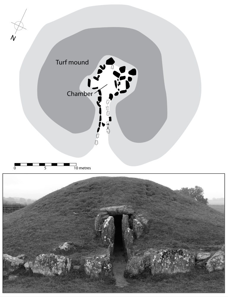 Photograph and plan of the bruail tomb Bryn Celli Ddu