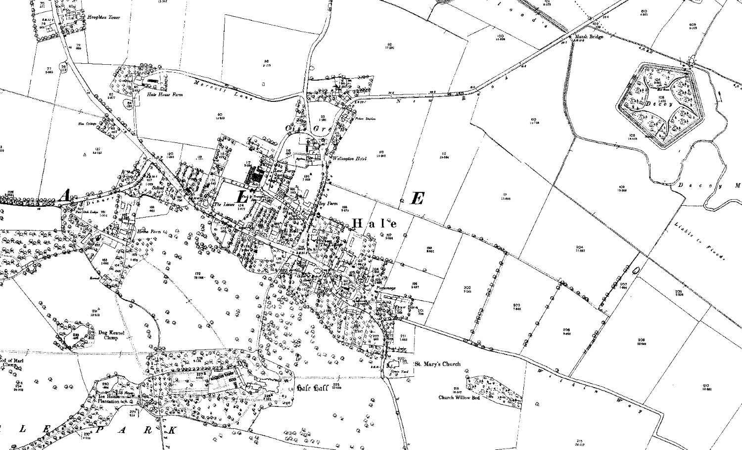 Map of Hale village, Lancashire, from 2893, at 1:2500 scale