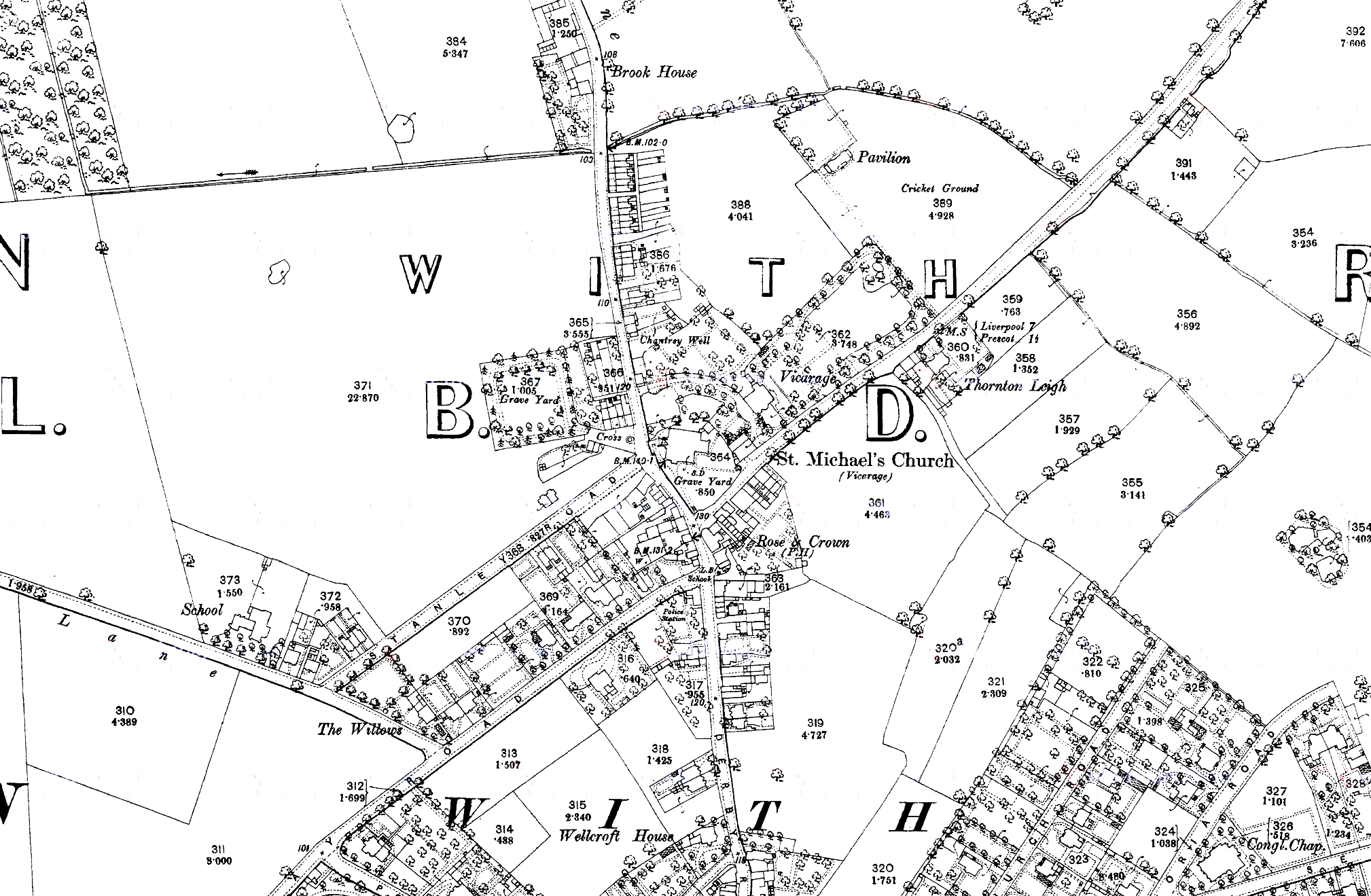 1850 map showing the area covered by the Huyton townfield