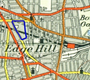 Extract from a 1950s Ordnance Survey map of Liverpool, with the location of Williamson's Tunnels outlined