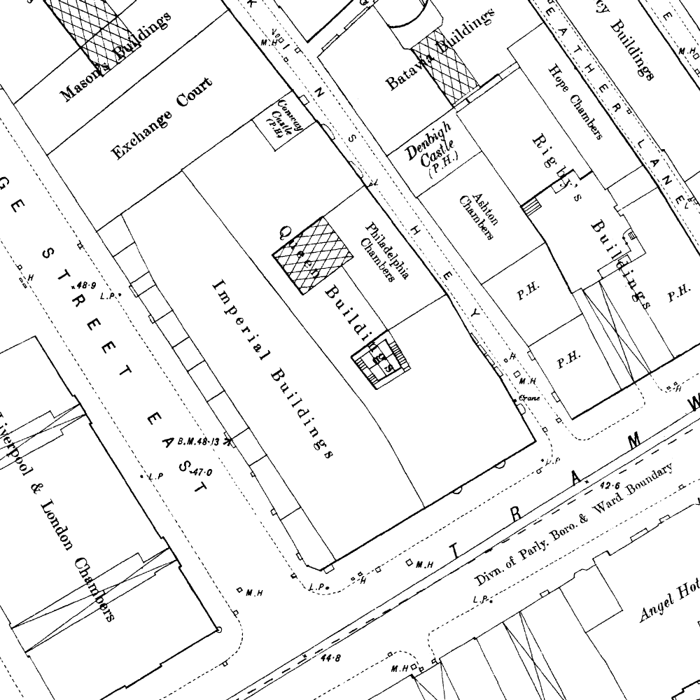 Ordnance Survey map of 1895, showing 11 Dale Street with crane
