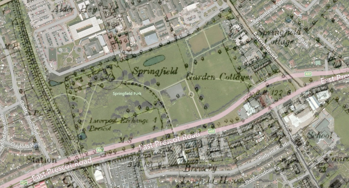 The Ordnance Survey of 1888 - 1913 overlaid on the modern satellite view, showing how elements of Springfield Park survive into the new