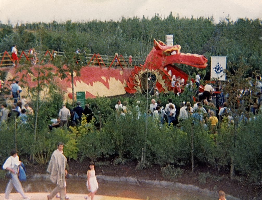 Photograph of the dragon slide at the International Garden Festival, Liverpool, 1984
