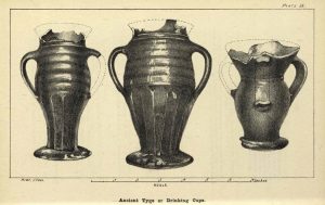 Old drawing of tygs, three handles cups
