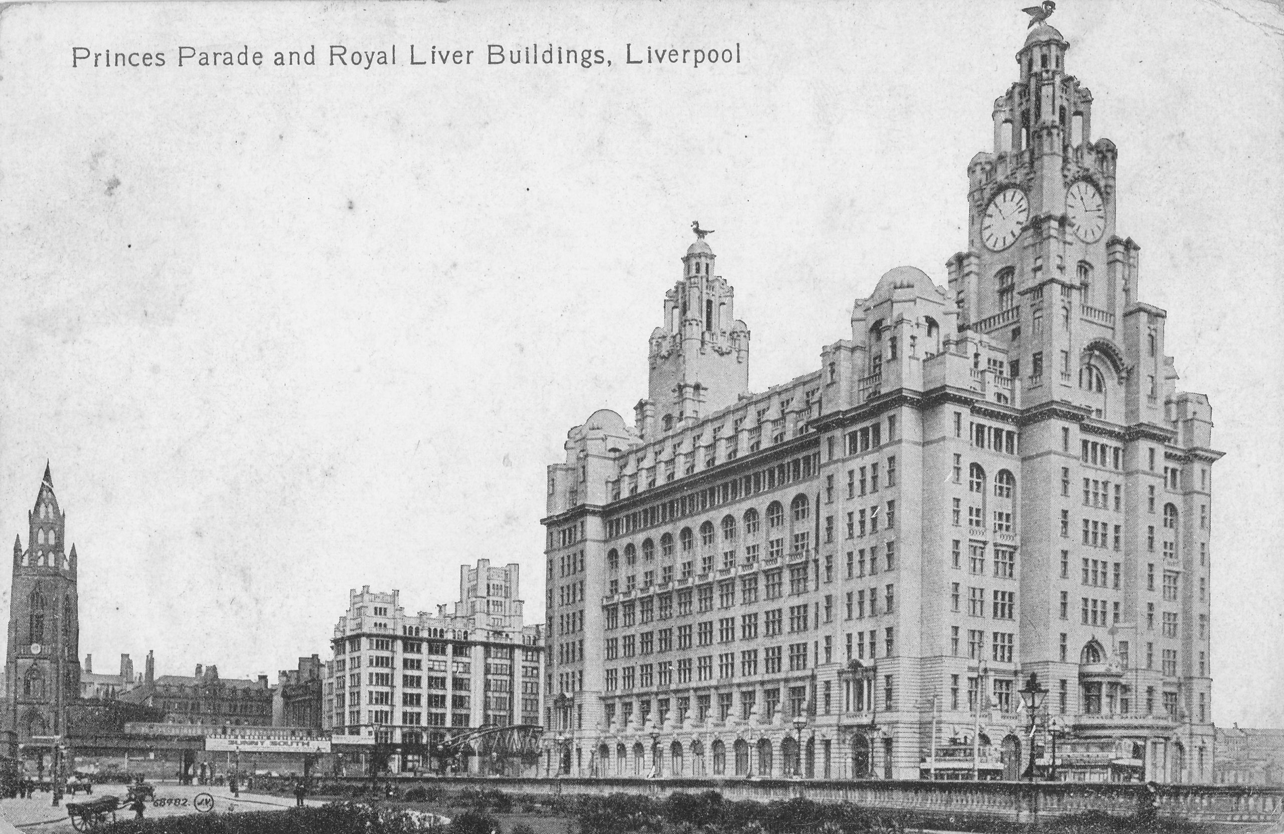 Photograph of the north west side of the Liver Building, Liverpool