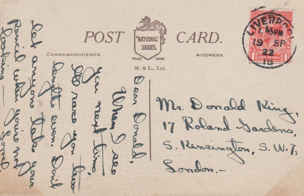 Back of a postcard sent from Liverpool