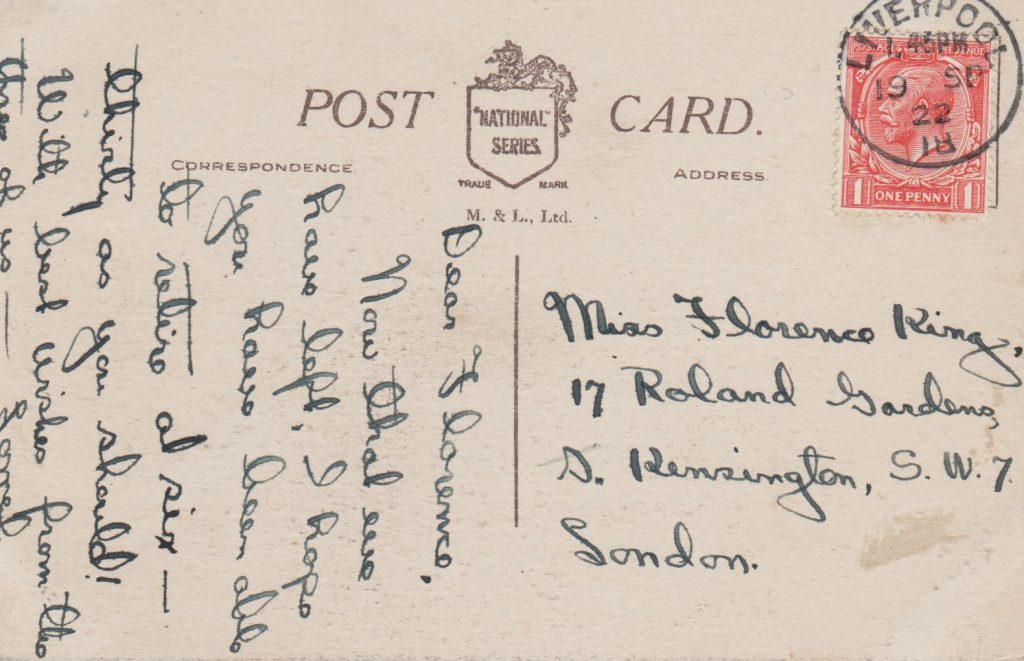 Back of a postcard sent from Liverpool