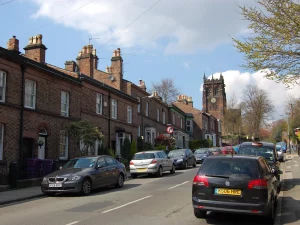 Photograph looking up Church Road, Woolton towards St Mary's Church